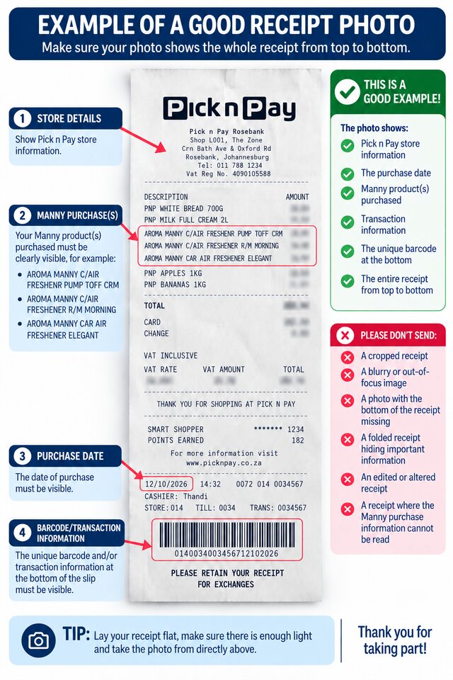 Example of a good receipt photo — showing Pick n Pay store details, Manny purchases, purchase date and the barcode